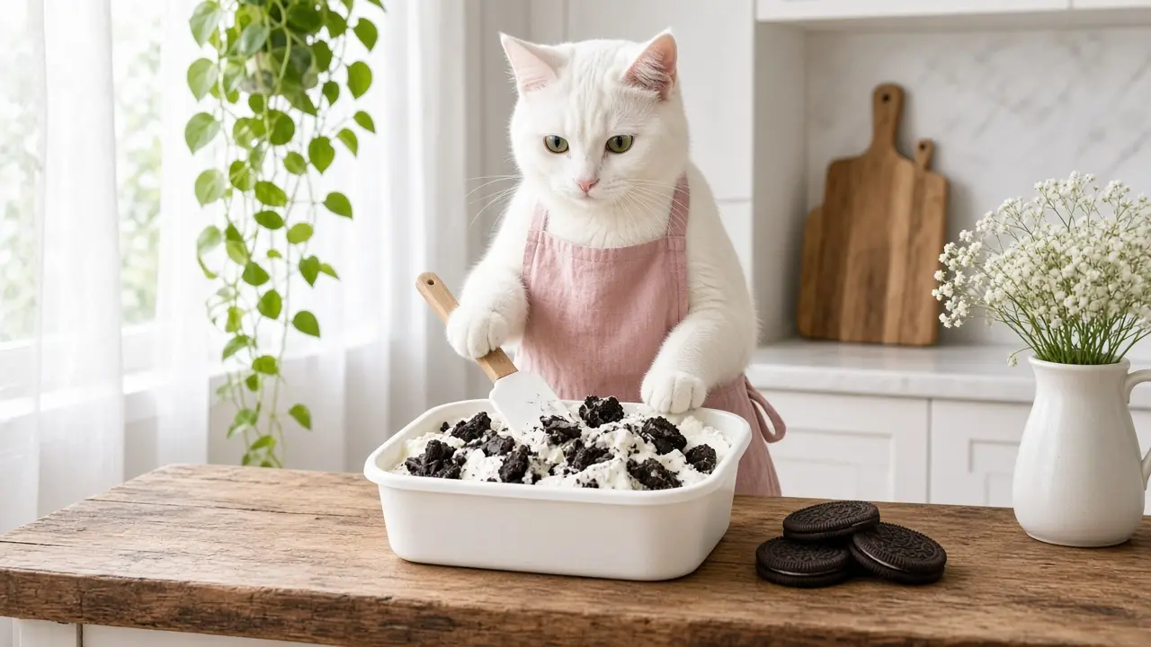 A cream-coloured cat in a pink apron, cooking this dish