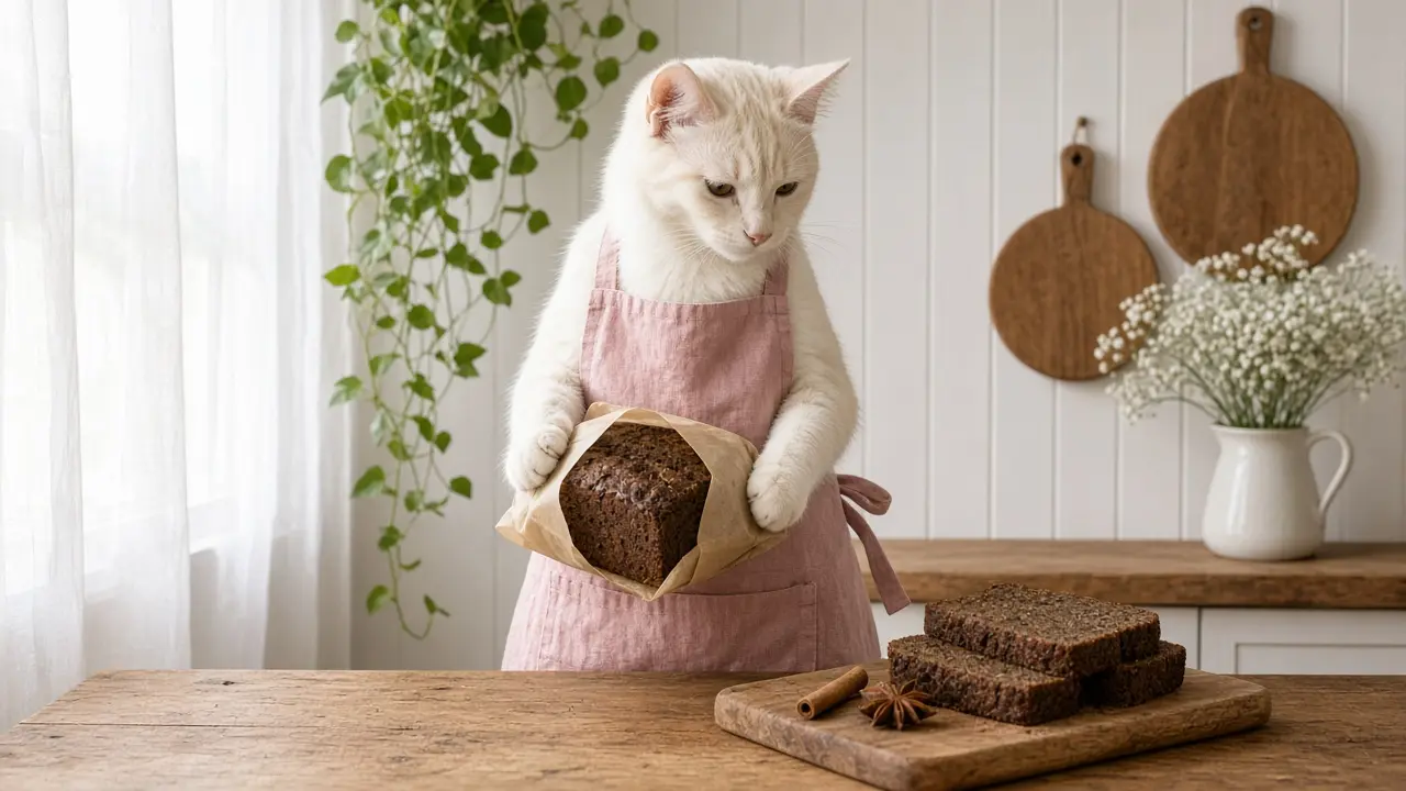 A cream-coloured cat in a pink apron, cooking this dish