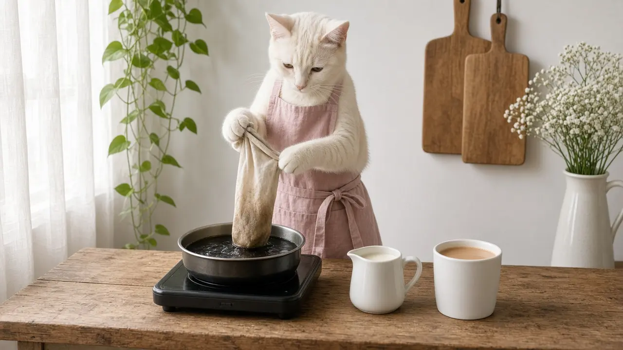 A cream-coloured cat in a pink apron, cooking this dish