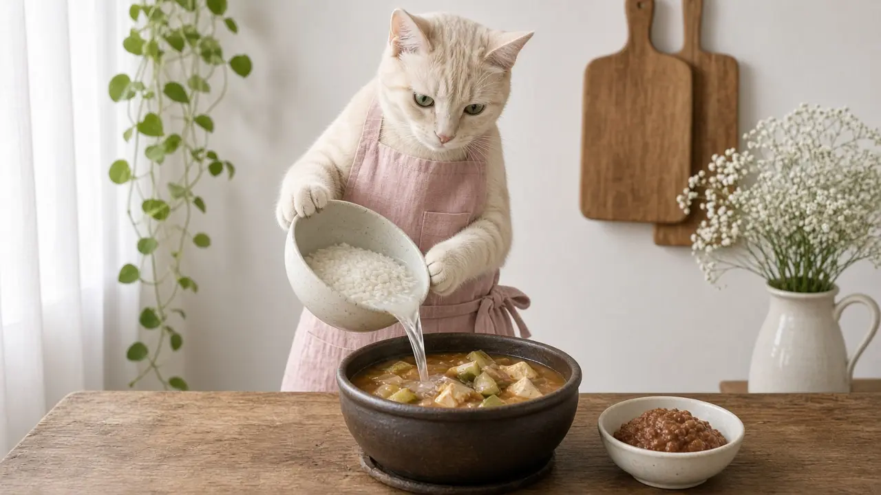 A cream-coloured cat in a pink apron, cooking this dish