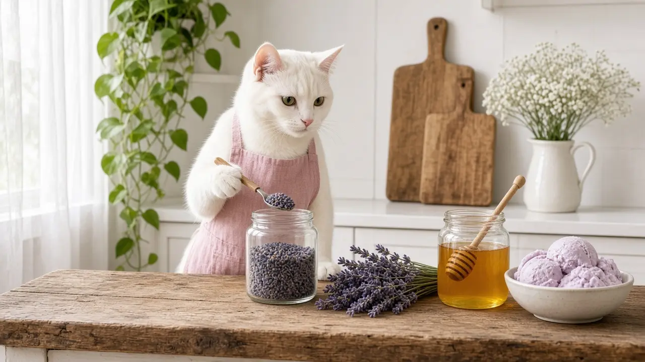 A cream-coloured cat in a pink apron, cooking this dish