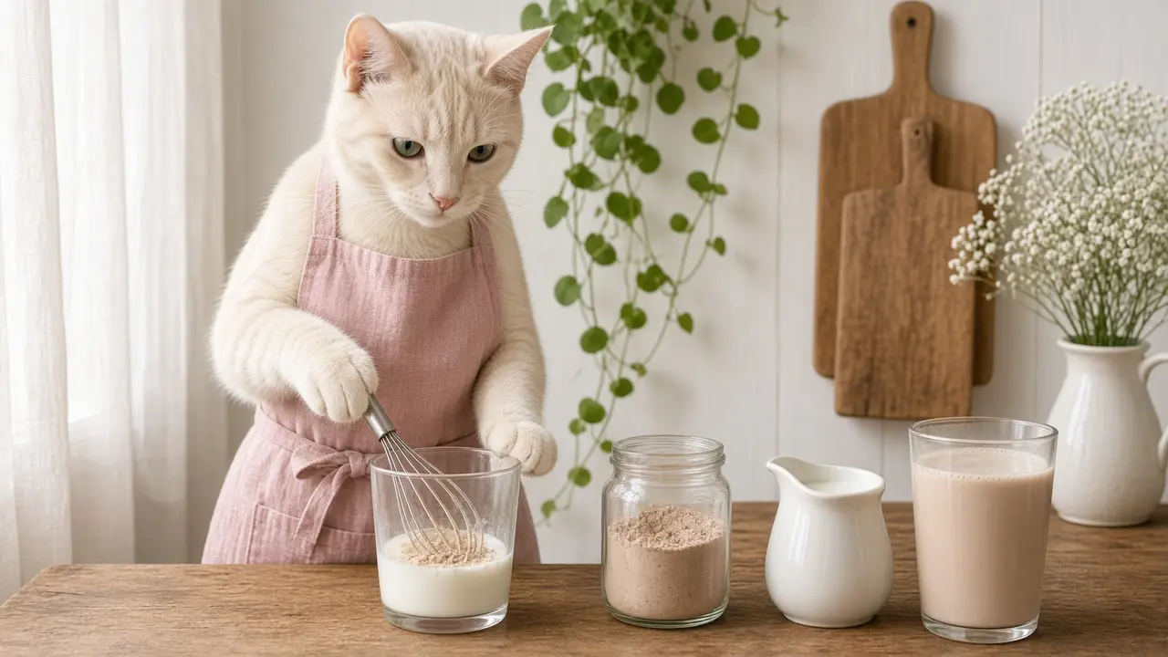 A cream-coloured cat in a pink apron, cooking this dish