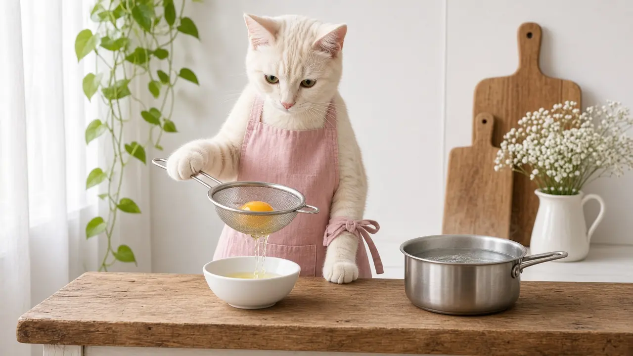 A cream-coloured cat in a pink apron, cooking this dish