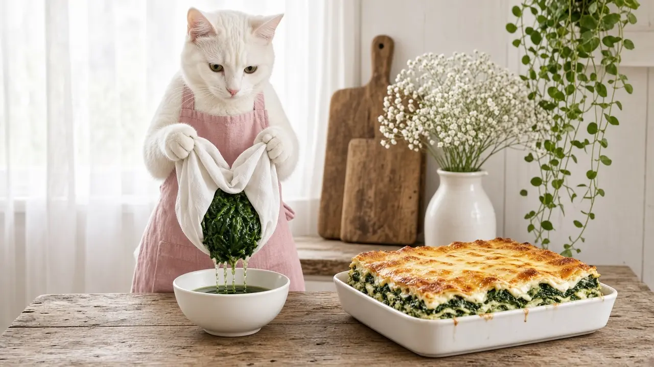 A cream-coloured cat in a pink apron, cooking this dish