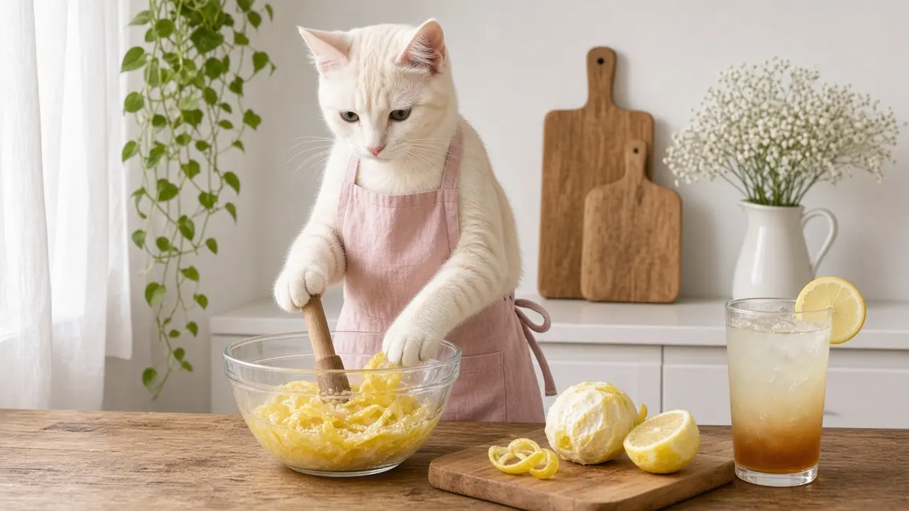 A cream-coloured cat in a pink apron, cooking this dish