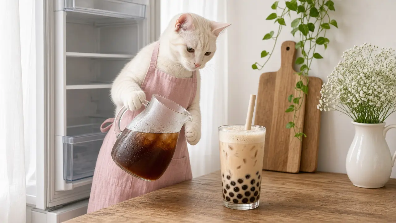 A cream-coloured cat in a pink apron, cooking this dish