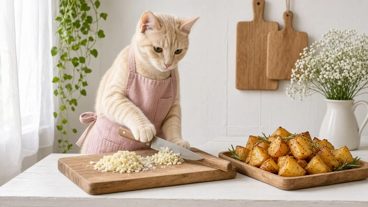 A cream-coloured cat in a pink apron, cooking this dish