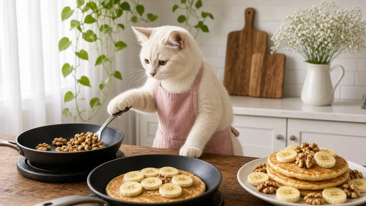 A cream-coloured cat in a pink apron, cooking this dish