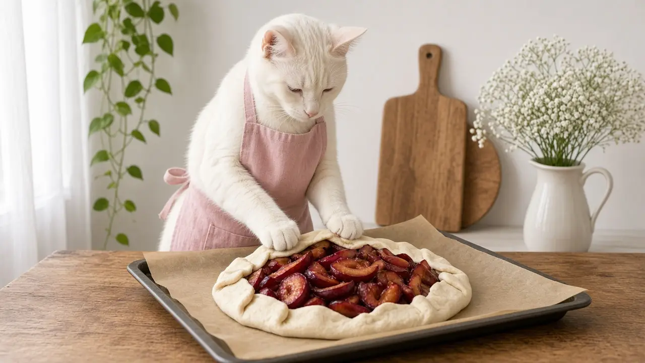 A cream-coloured cat in a pink apron, cooking this dish