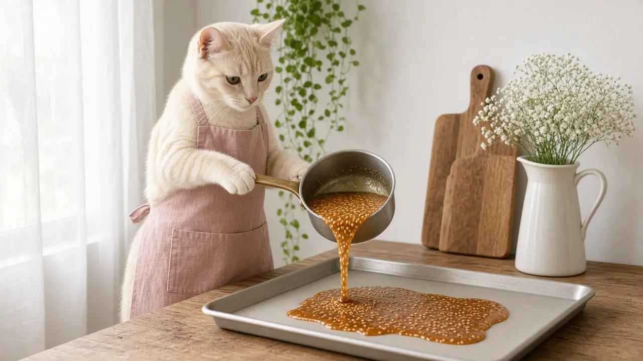 A cream-coloured cat in a pink apron, cooking this dish