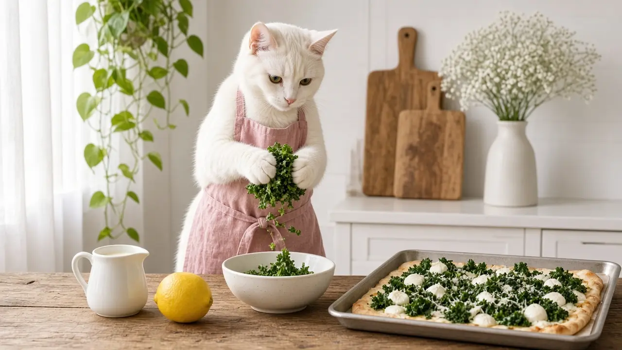 A cream-coloured cat in a pink apron, cooking this dish