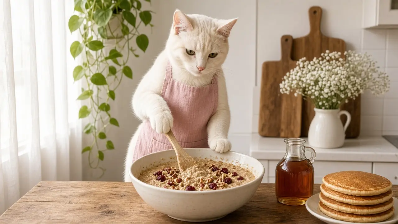 A cream-coloured cat in a pink apron, cooking this dish