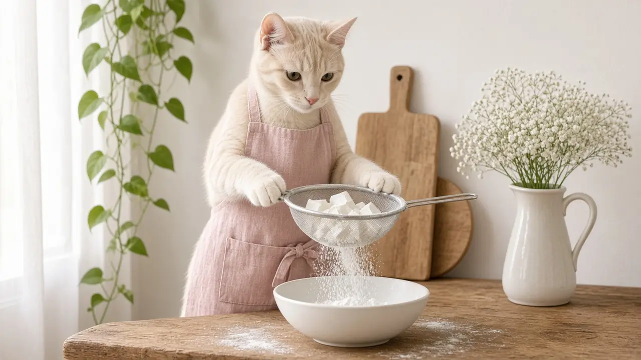 A cream-coloured cat in a pink apron, cooking this dish