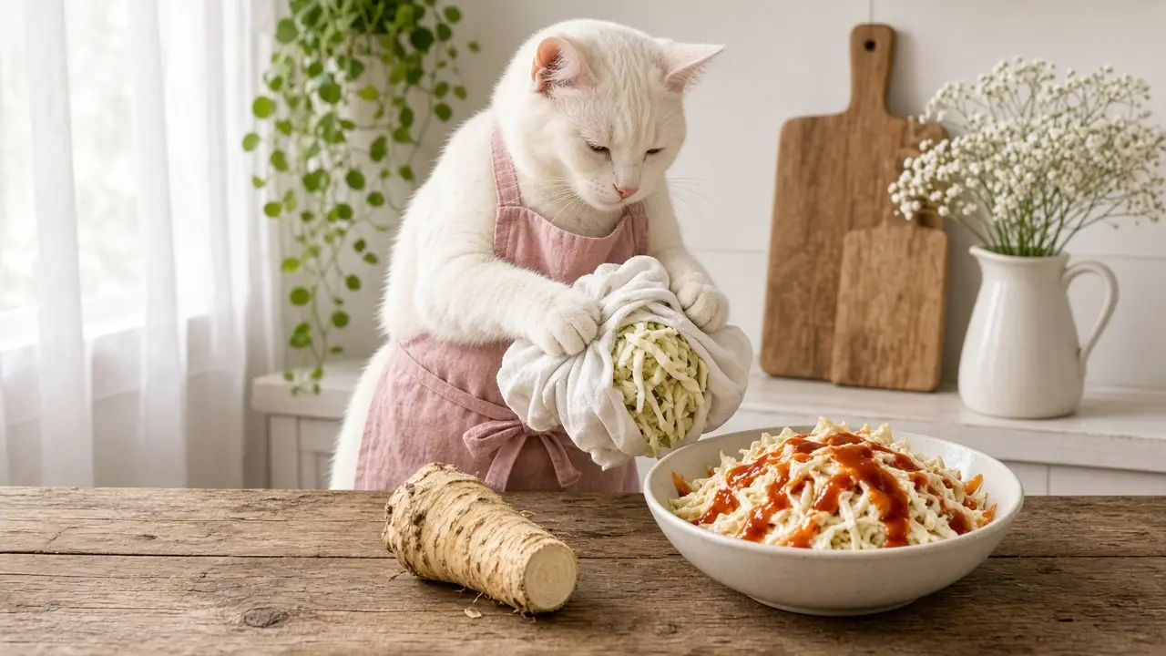 A cream-coloured cat in a pink apron, cooking this dish