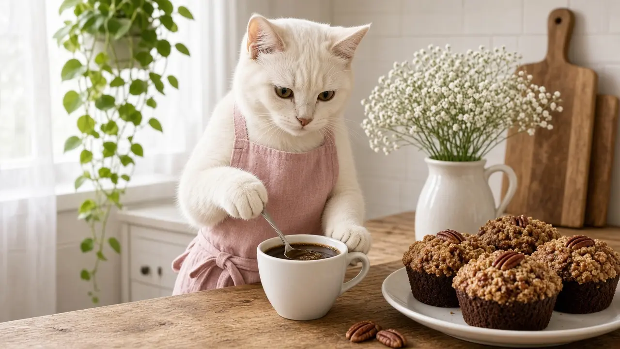 A cream-coloured cat in a pink apron, cooking this dish