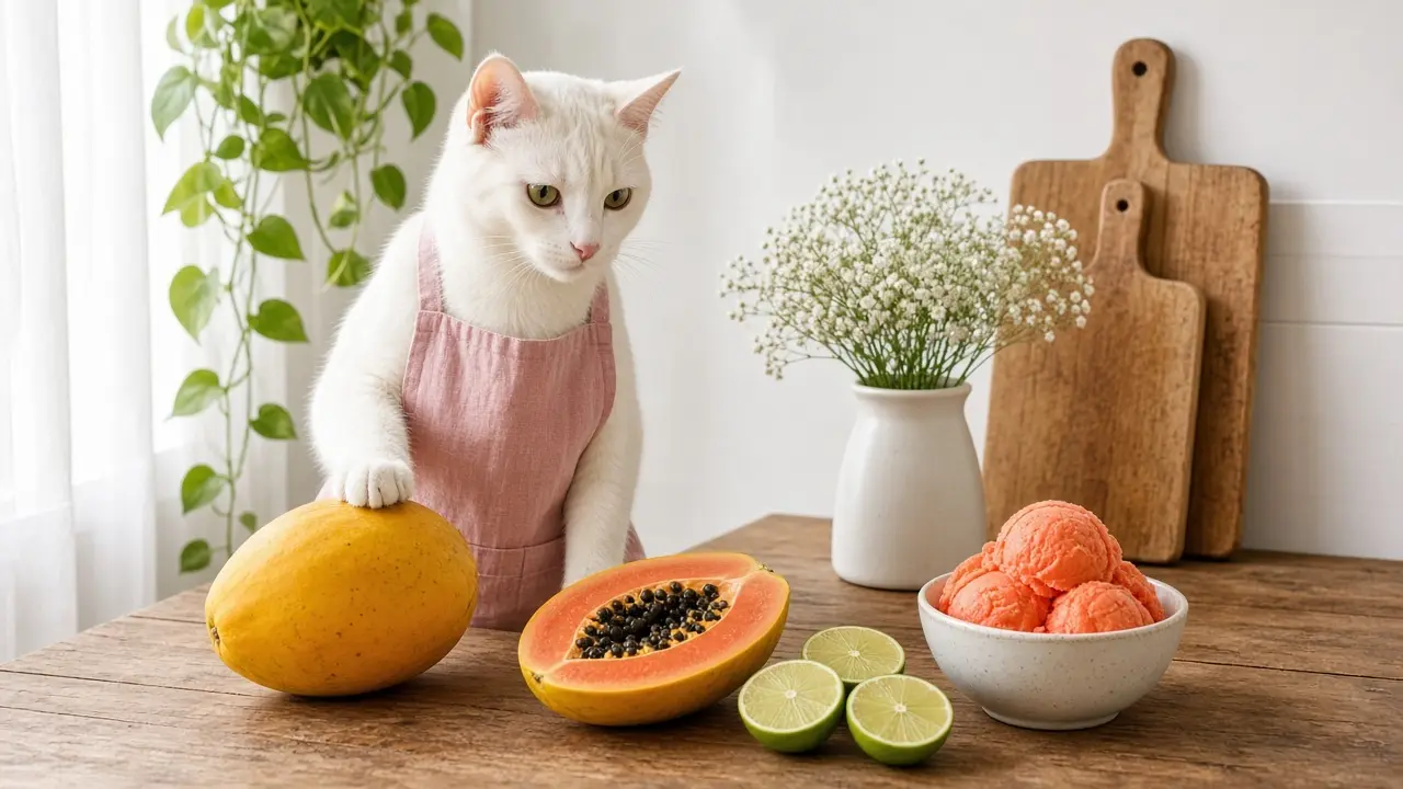 A cream-coloured cat in a pink apron, cooking this dish