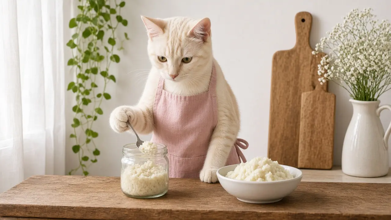 A cream-coloured cat in a pink apron, cooking this dish