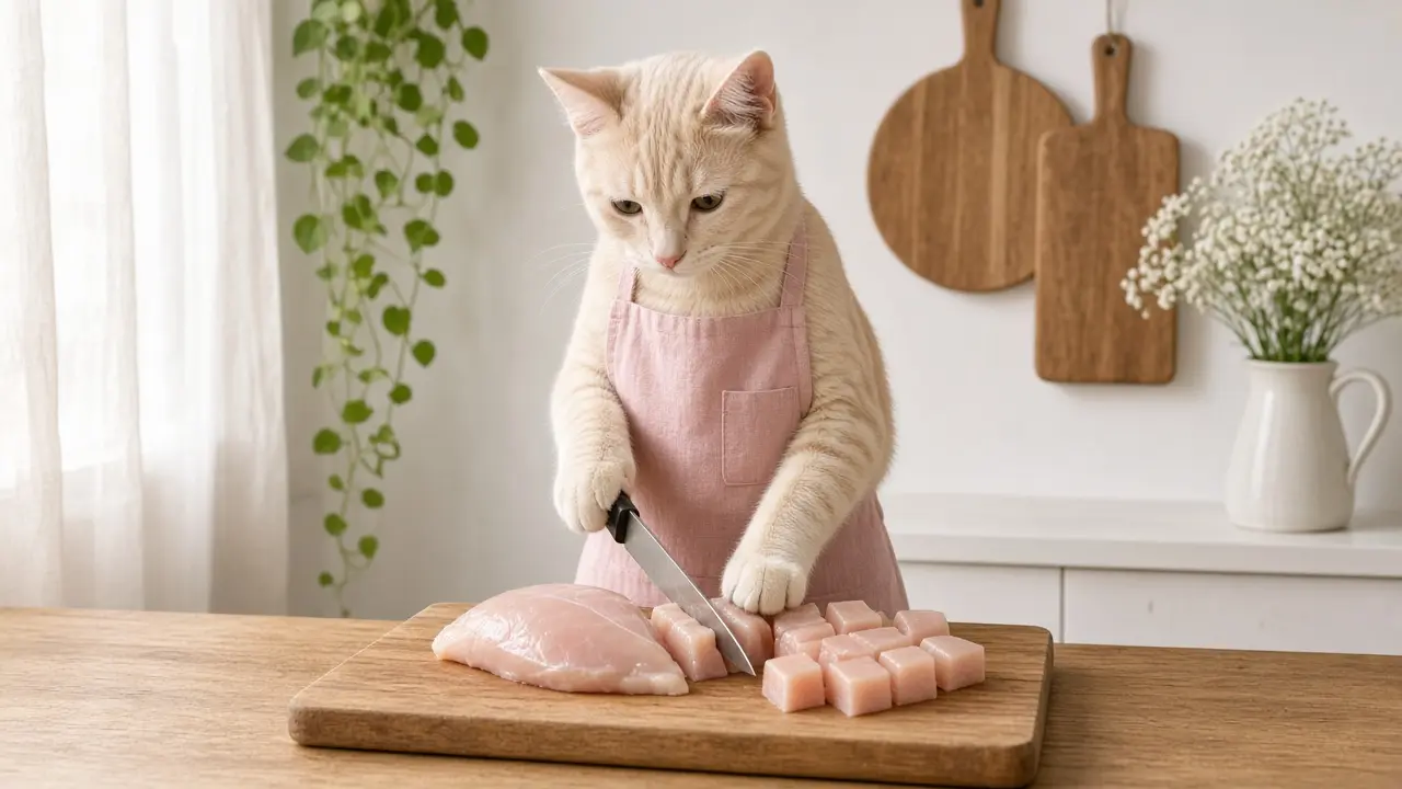A cream-coloured cat in a pink apron, cooking this dish