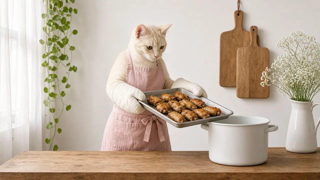 A cream-coloured cat in a pink apron, cooking this dish