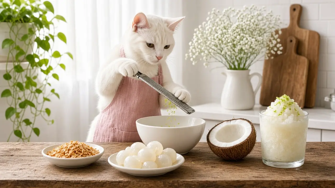 A cream-coloured cat in a pink apron, cooking this dish