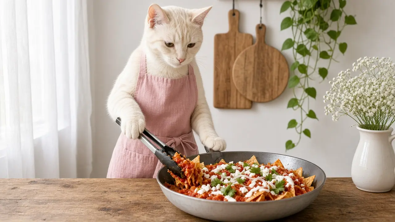 A cream-coloured cat in a pink apron, cooking this dish