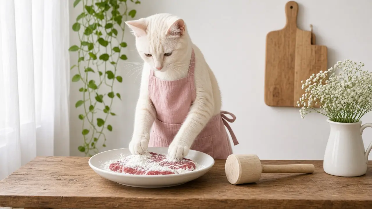 A cream-coloured cat in a pink apron, cooking this dish