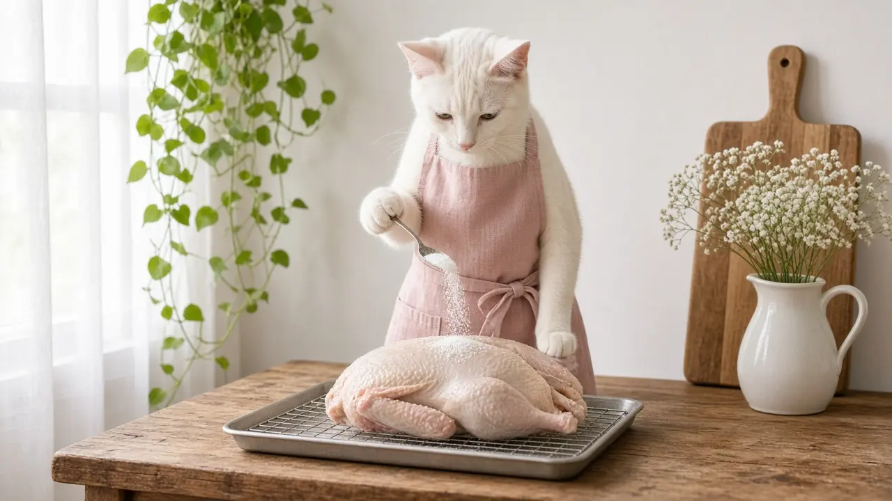 A cream-coloured cat in a pink apron, cooking this dish
