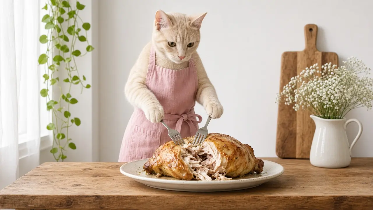 A cream-coloured cat in a pink apron, cooking this dish