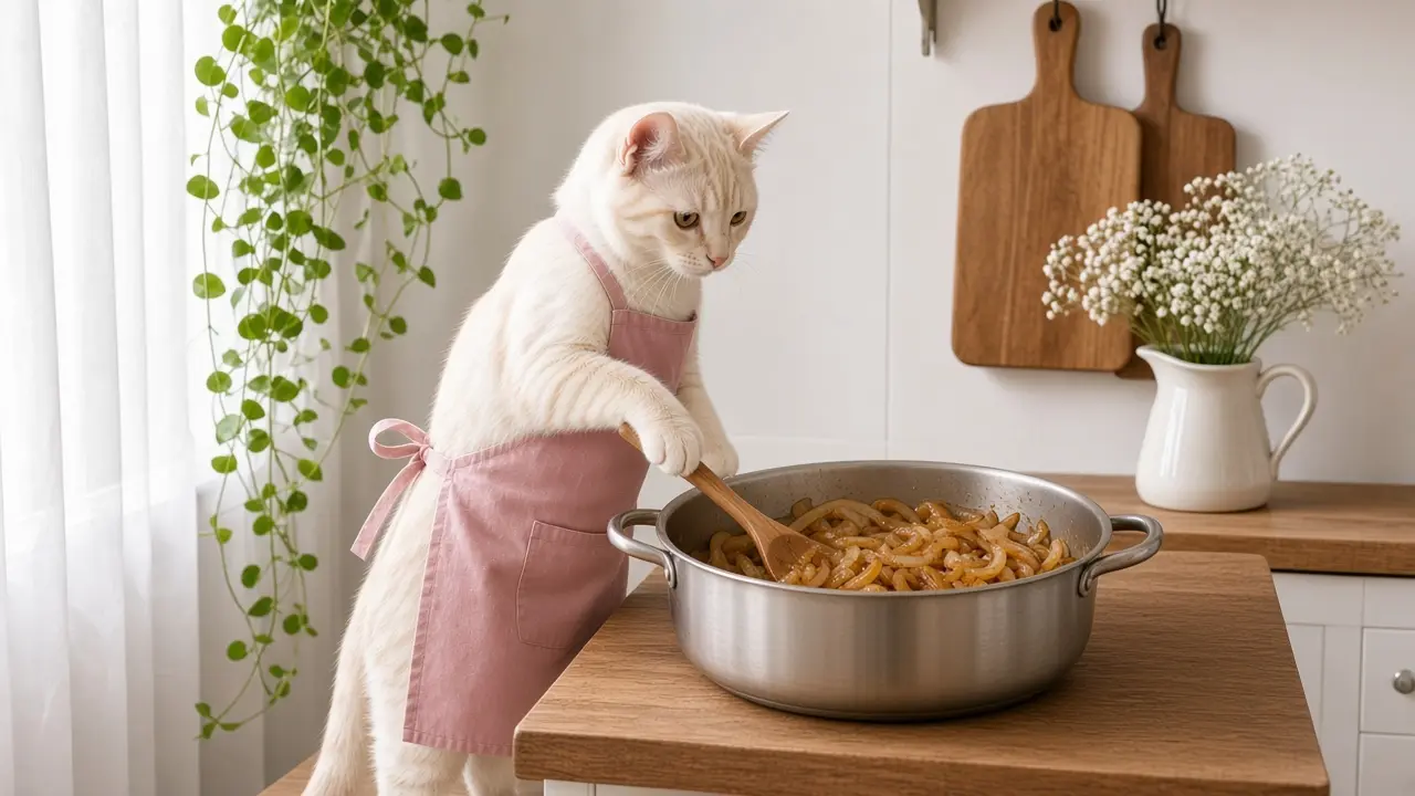 A cream-coloured cat in a pink apron, cooking this dish