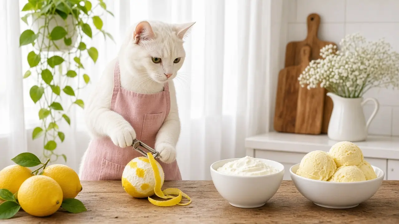 A cream-coloured cat in a pink apron, cooking this dish