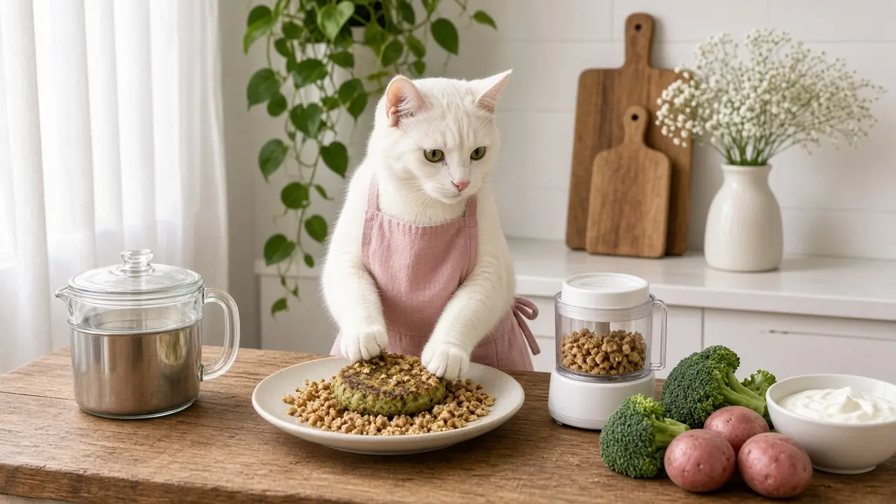 A cream-coloured cat in a pink apron, cooking this dish