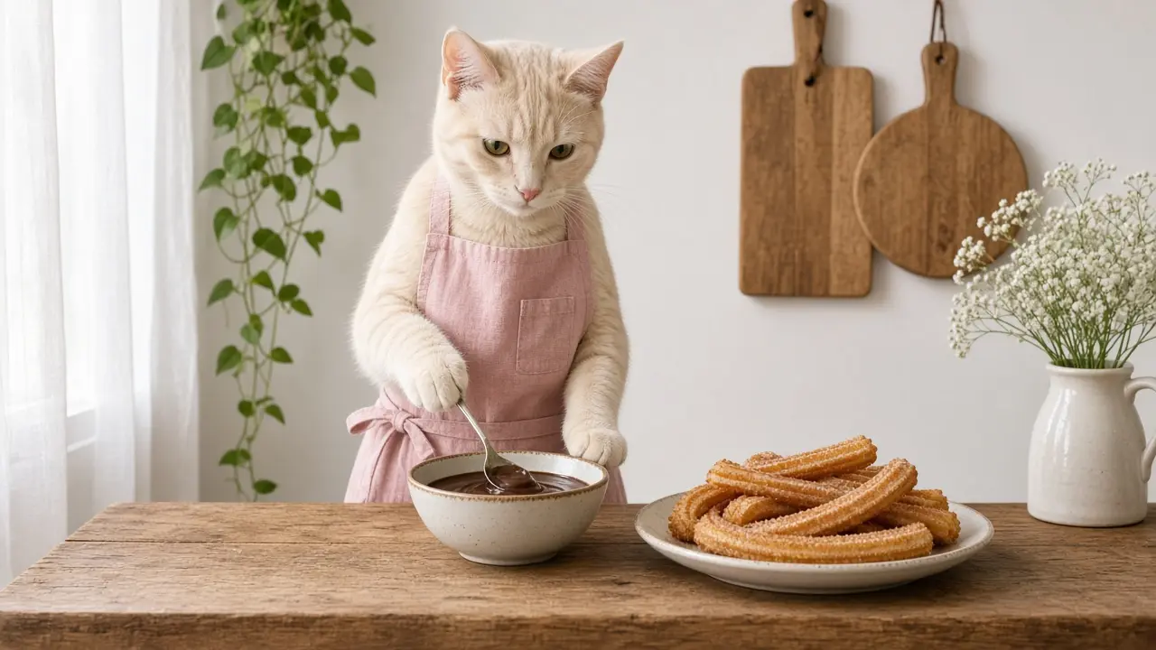 A cream-coloured cat in a pink apron, cooking this dish