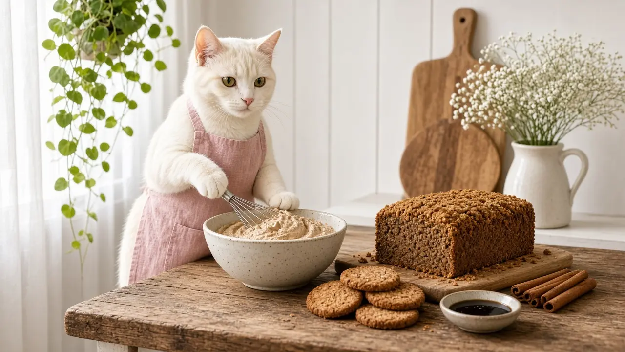 A cream-coloured cat in a pink apron, cooking this dish