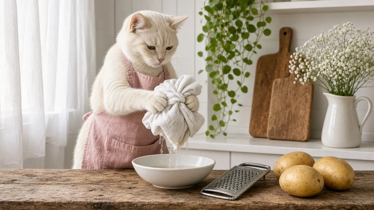 A cream-coloured cat in a pink apron, cooking this dish
