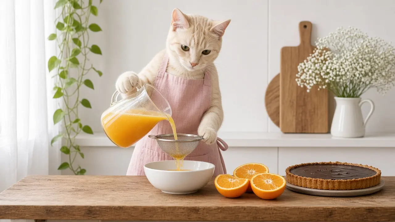 A cream-coloured cat in a pink apron, cooking this dish