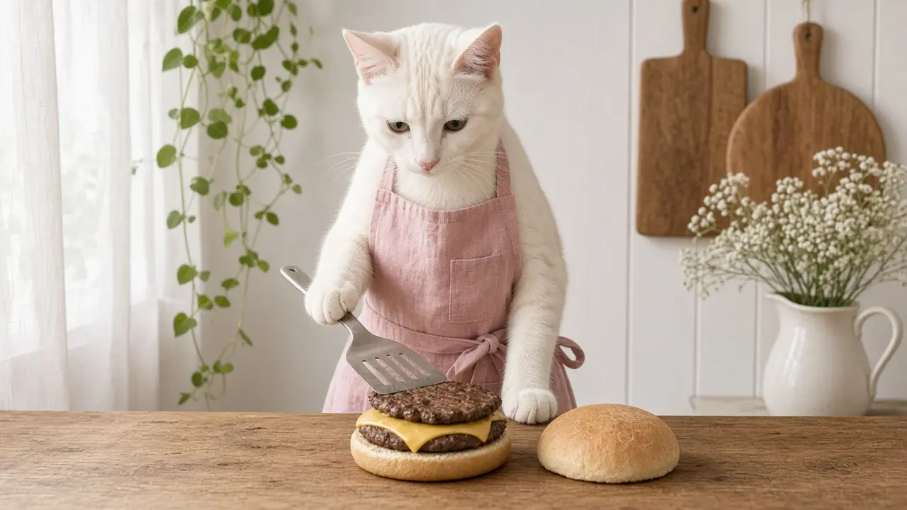 A cream-coloured cat in a pink apron, cooking this dish