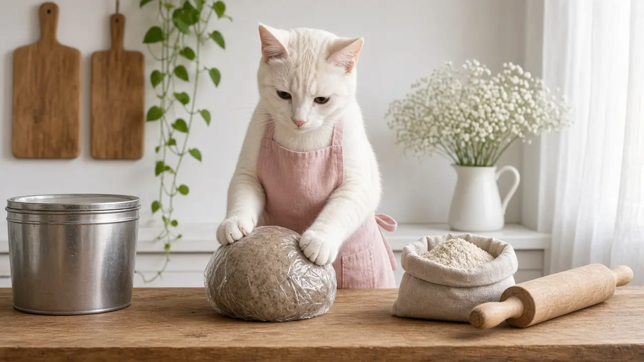A cream-coloured cat in a pink apron, cooking this dish