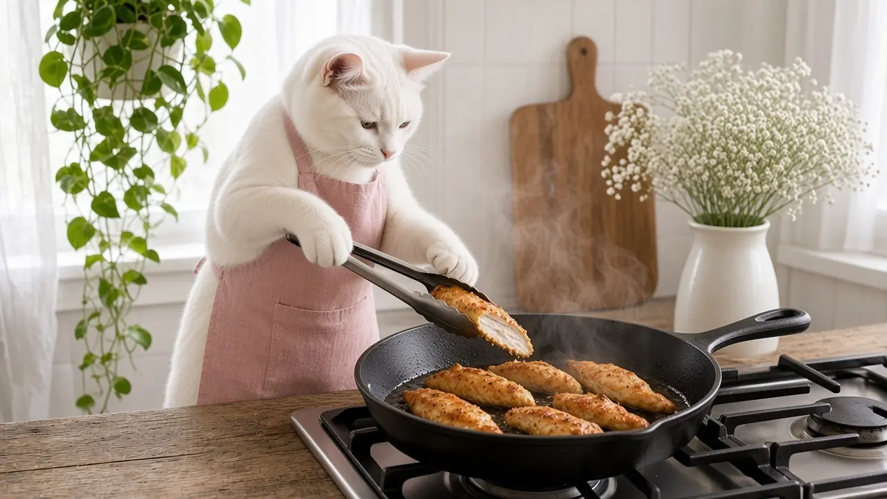 A cream-coloured cat in a pink apron, cooking this dish