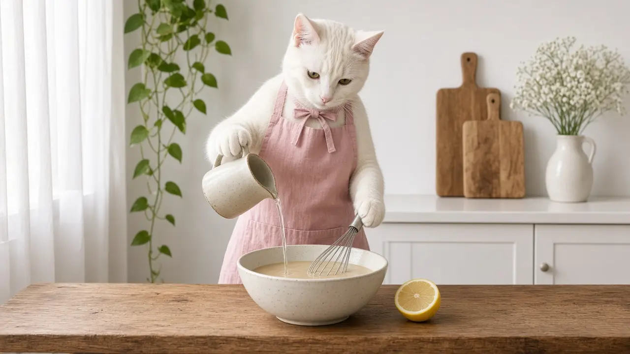 A cream-coloured cat in a pink apron, cooking this dish