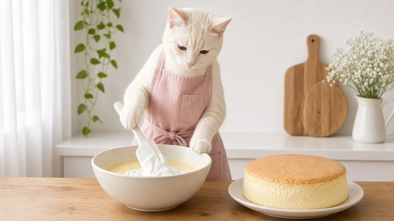 A cream-coloured cat in a pink apron, cooking this dish