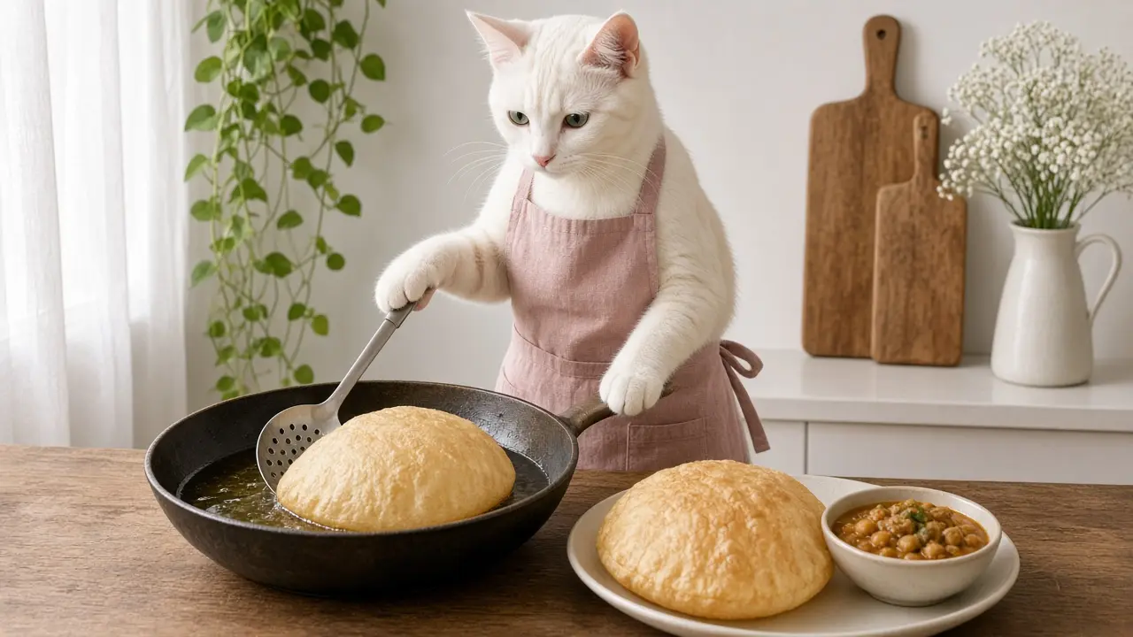 A cream-coloured cat in a pink apron, cooking this dish
