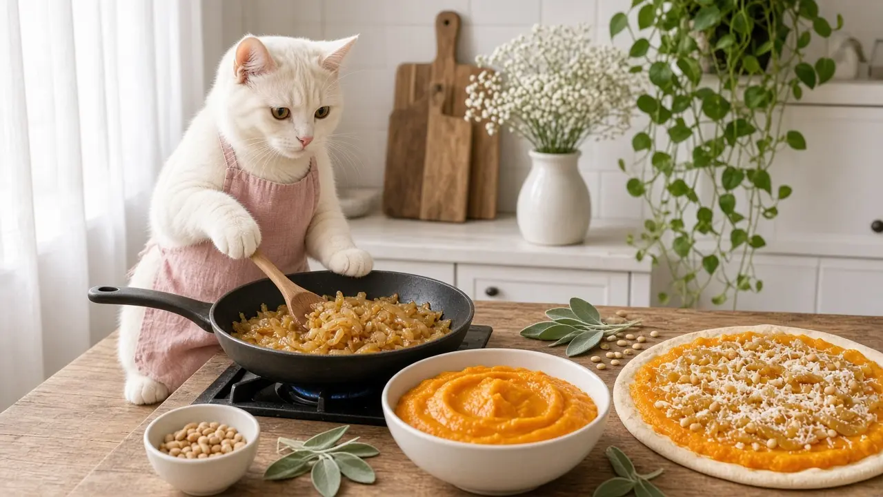 A cream-coloured cat in a pink apron, cooking this dish