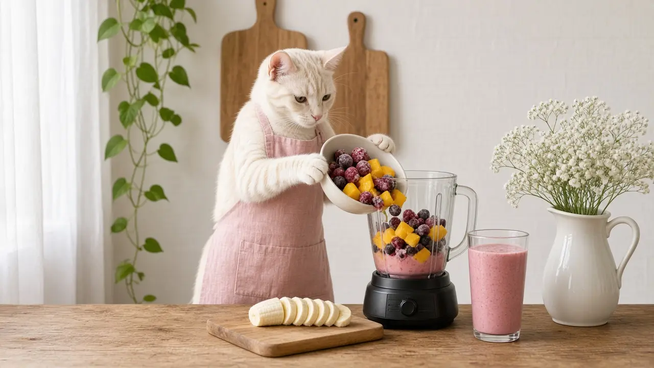 A cream-coloured cat in a pink apron, cooking this dish