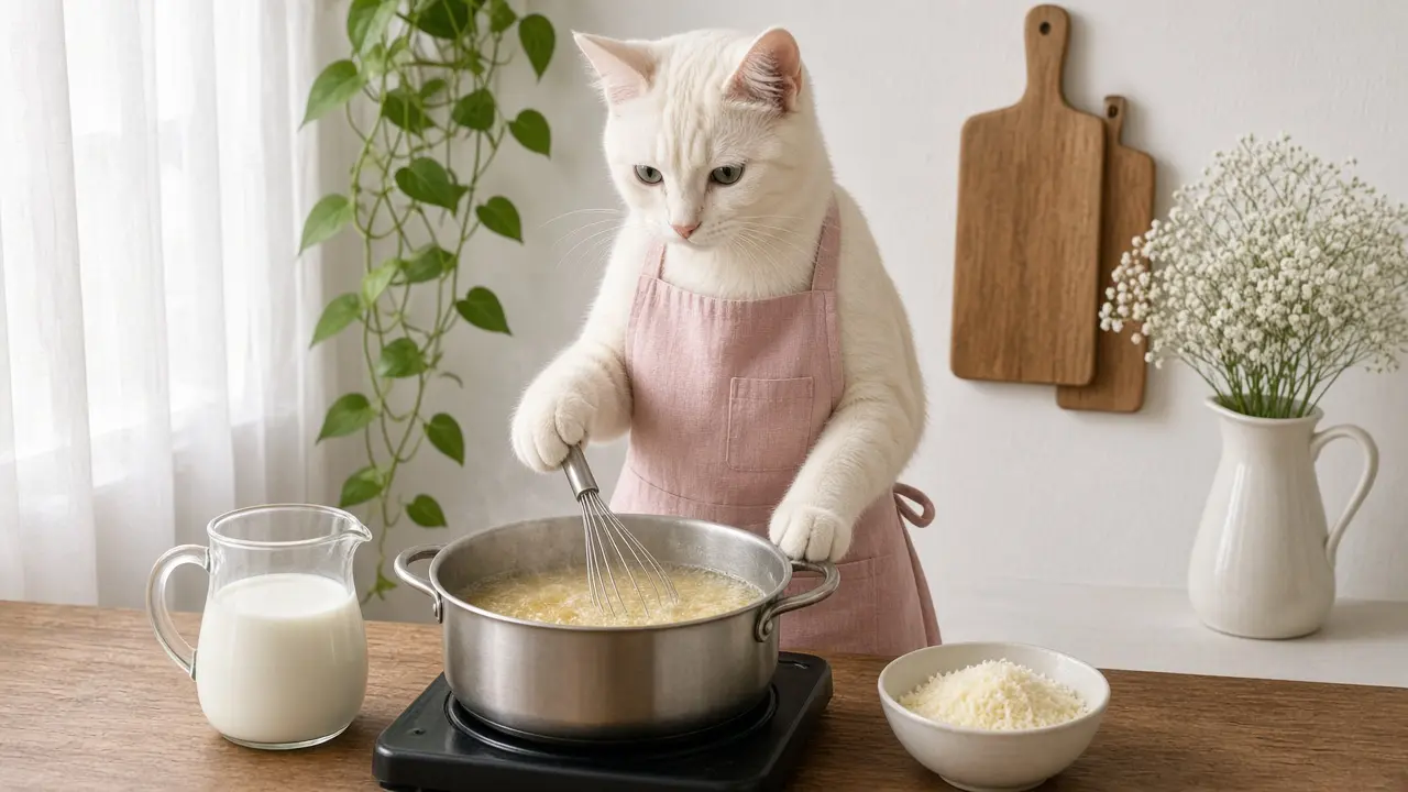 A cream-coloured cat in a pink apron, cooking this dish