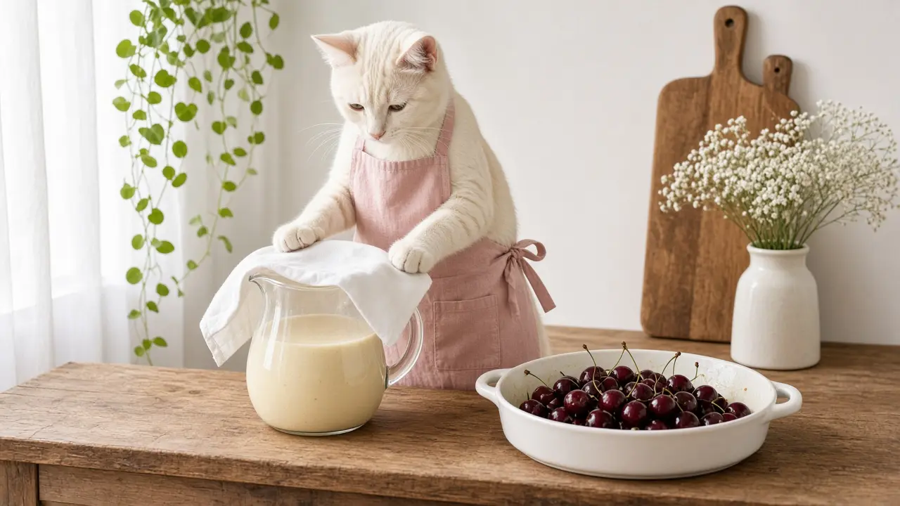 A cream-coloured cat in a pink apron, cooking this dish