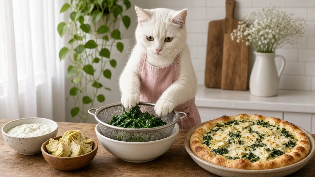 A cream-coloured cat in a pink apron, cooking this dish