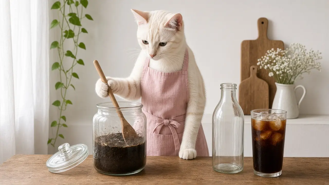 A cream-coloured cat in a pink apron, cooking this dish