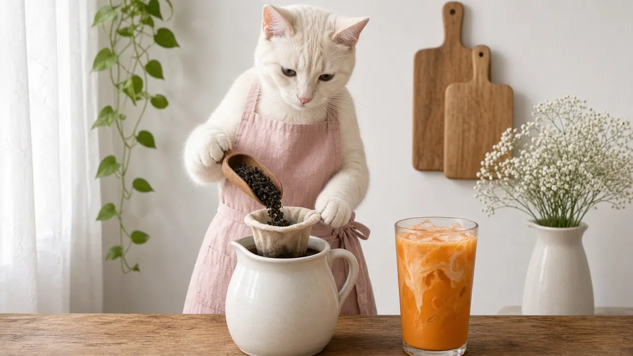A cream-coloured cat in a pink apron, cooking this dish