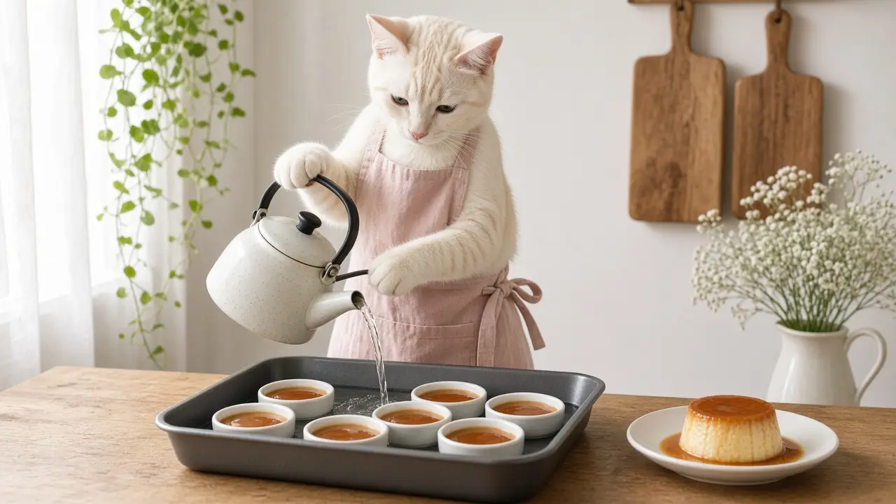 A cream-coloured cat in a pink apron, cooking this dish