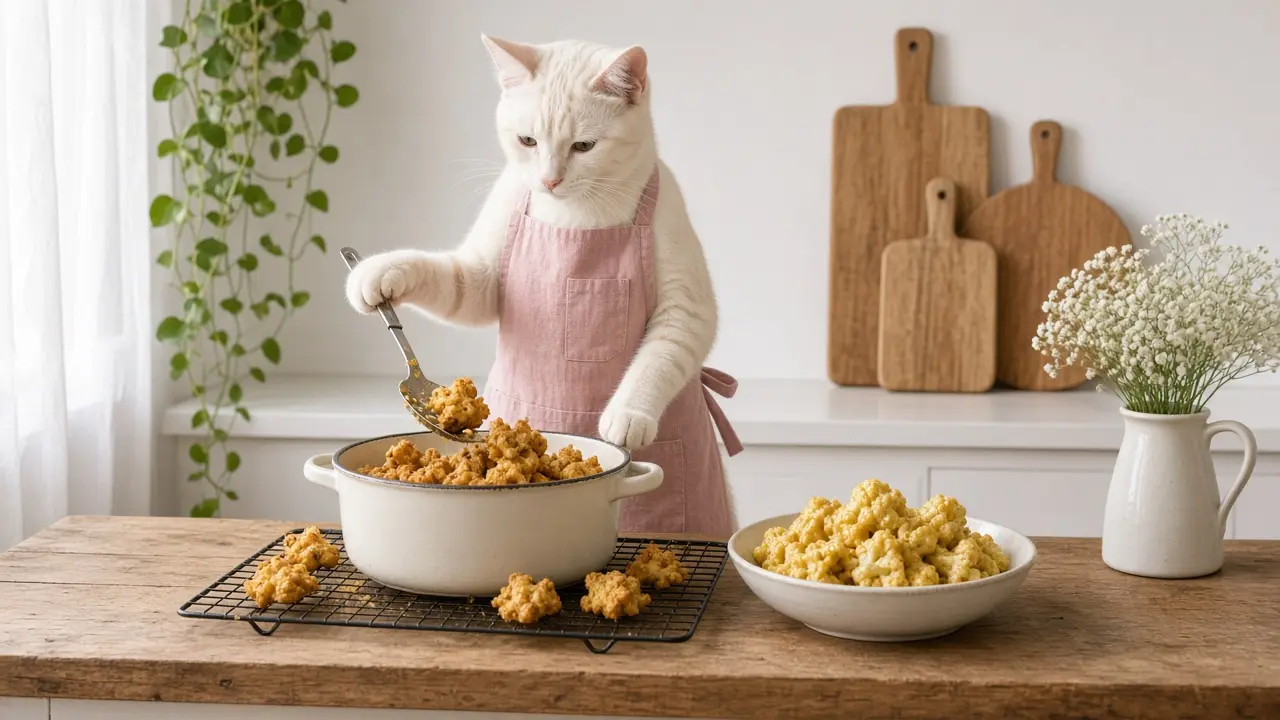 A cream-coloured cat in a pink apron, cooking this dish